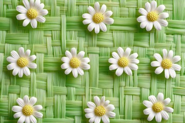 Obraz premium A springtime pattern of small white daisies on woven green material.