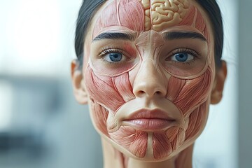Medical illustration revealing the underlying facial muscles and part of the brain, providing a detailed anatomical view of a woman's head and neck