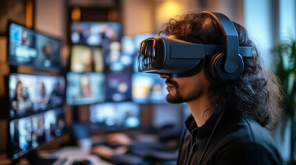 Virtual reality experience in modern office tech environment interactive content