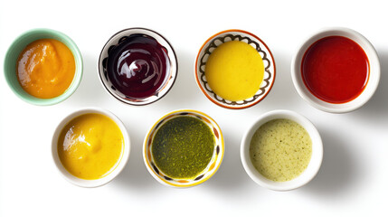 Variety of colorful sauces displayed in small bowls on a white background for culinary inspiration