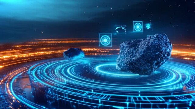 Advanced hologram technology showcases asteroids in a futuristic laboratory setting