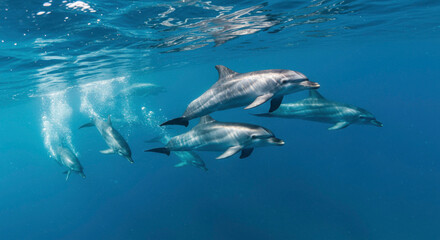 Obraz premium Group of dolphins swimming joyfully underwater in clear blue ocean waters 