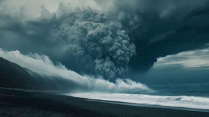 Volcanic Eruption on a Dark Coastal Landscape