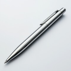 Sleek Shiny Metallic Ballpoint Pen on White Background for Professional Writing and Office Use