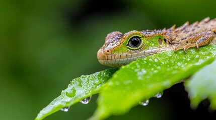 Fototapeta premium Close Up of a Lizard on a Leaf with Water Droplets