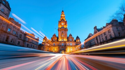 Obraz premium Long Exposure of Traffic Flowing Past Kelvingrove in the Evening Twilight with Stunning Light Trails