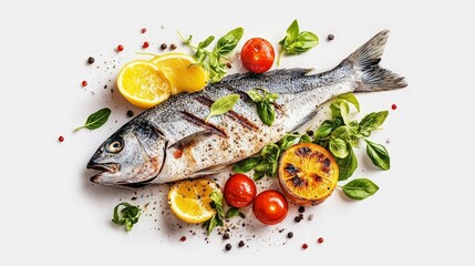 Grilled Fish Steak with Steamed Vegetables and Fresh Herbs on a White Plate