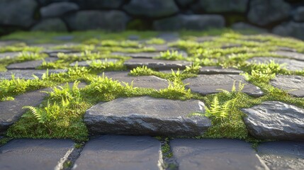 Moss grows between stone pavement