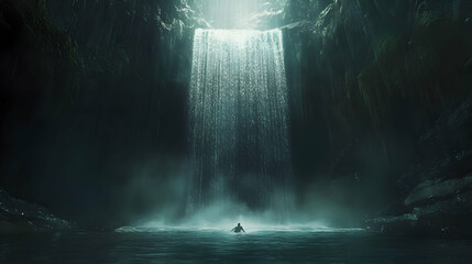 Fototapeta premium Enigmatic Waterfall: A Person Bathed in the Mystical Glow of a Hidden Waterfall