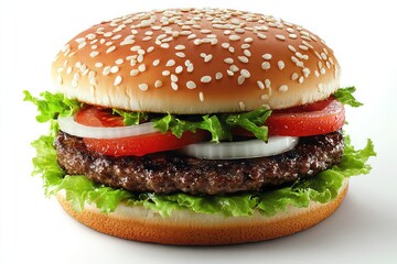 beef burger with lettuce, tomato, and onion