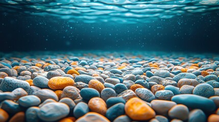 Fototapeta premium Underwater pebbles blue water, sunlit pebbles