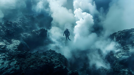 Fototapeta premium A lone diver explores underwater volcano steam rising from the volcanic vent Breathtaking underwater photography of ocean depths