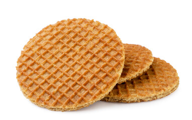 Pile of round waffles close-up on a white background. Isolated