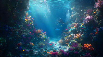 Fototapeta premium Vibrant Coral Reef Underwater Scene with Scuba Diver