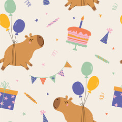 Seamless vector pattern with cute capybaras, birthday cakes, balloons, gifts and party decorations. Adorable and festive design perfect for kids textiles, wrapping paper, and birthday party supplies.