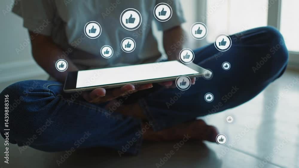 Poster social media approval and engagement is visualized by floating like icons over a tablet with a white