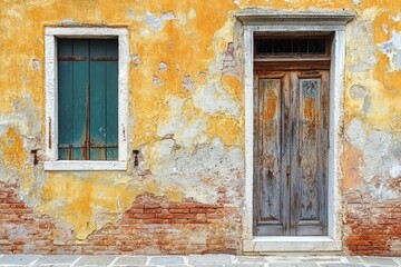 Weathered wooden door on rustic wall with exposed bricks. Artificial Intelligence image