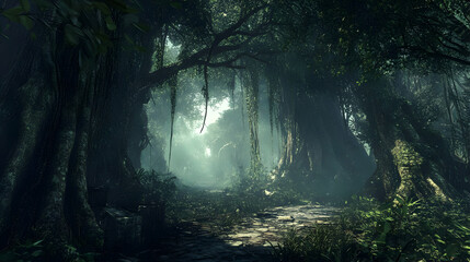 Fototapeta premium Mysterious Jungle Path: A Digital Painting of a Misty Forest Trail