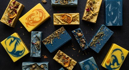 Artisan Soap Collection: Handmade Natural Soaps with Herbs, Flowers, and Essential Oils on Dark Background for Skincare, Wellness, and Aromatherapy Products Promotion