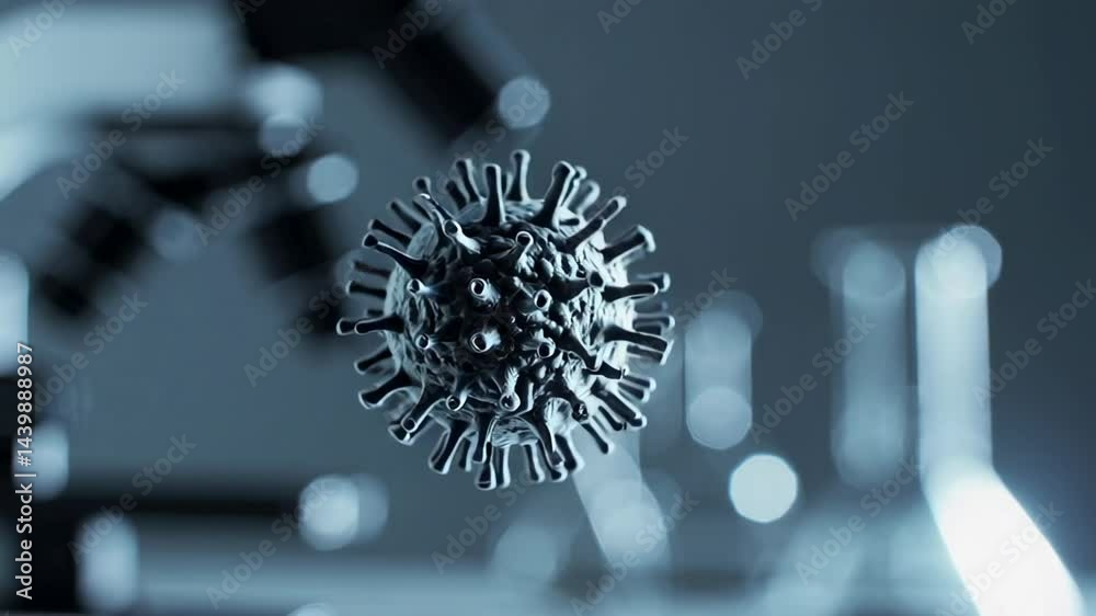 Poster Laboratory glassware and microscope provide the backdrop for a detailed 3d model of a virus, emphasizing scientific research and potential medical advancements