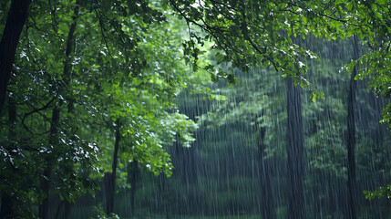 Fototapeta premium Refreshing Summer Rain in Lush Forest: Nature Photography