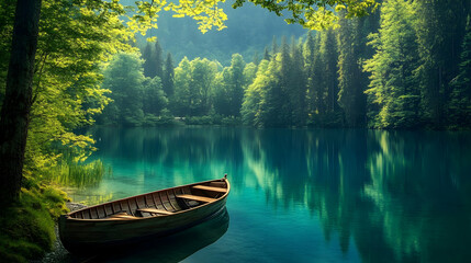 Serene Lake Landscape: Picturesque Boat on a Calm Forest Lake