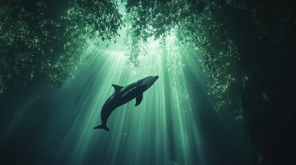 Fototapeta premium Dolphin underwater forest silhouette