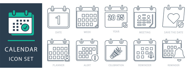 Calendar icon set with minimal line style design including date, week, year, meeting, save the date, planner, alert, celebration, and reminder concepts.