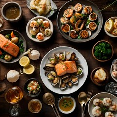 Luxurious Assorted Seafood Spread on Wooden Table