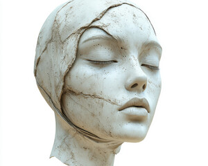 Sculpture of Cracked Human Head with Closed Eyes on White Background Emphasizing Serenity and Fragility