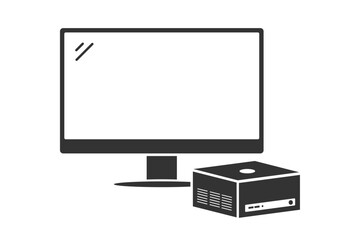 Mini PC Desktop Computer with monitor. Minimal flat black vector illustration icon symbol clipart png isolated transparent background.