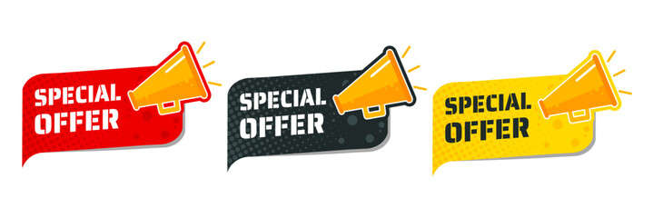 Special offer sticker with megaphone, label, badge – vector illustration