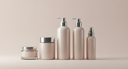 Minimalist Cosmetic Packaging Mockup: Cream Jar, Lotion Bottles, and Spray Bottle for Skincare, Beauty, and Personal Care Products on Soft Beige Background