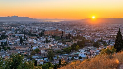 Alhambra fortress and palace complex overlooking Granada at sunset
