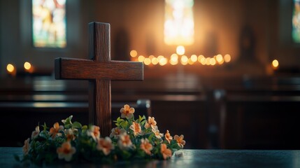 Peaceful Wooden Cross Surrounded by Flowers in Church Interior