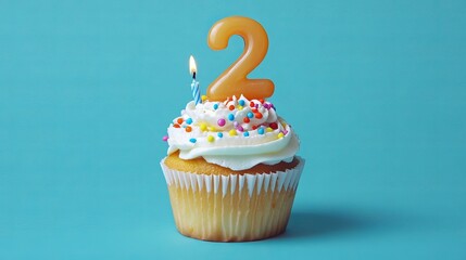 Delicious birthday cupcake with number two candle festive sweet treat joy fun food blue year party