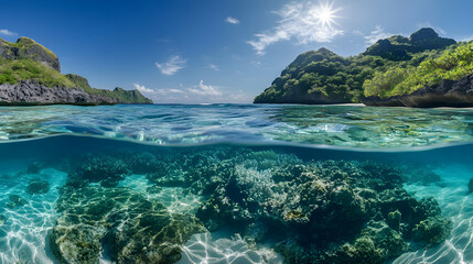 Fototapeta premium Tropical Island Paradise: Stunning Ocean and Coral Reef View