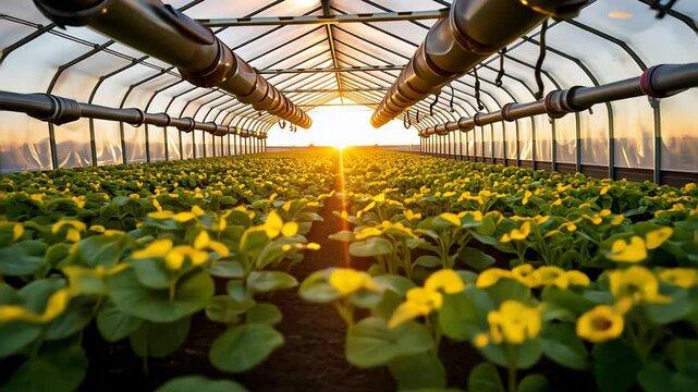 Greenhouse at sunrise with blooming flowers and vibrant colors  