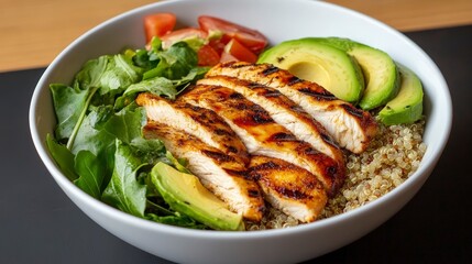 Grilled Chicken Salad with Avocado and Quinoa in a White Bowl with Fresh Vegetables and Healthy Ingredients