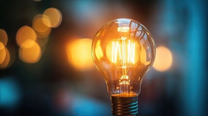 Illuminated Filament Light Bulb with Bokeh Background and Artistic Glow