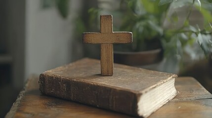 Wooden Cross on Old Book Surrounded by Indoor Greenery