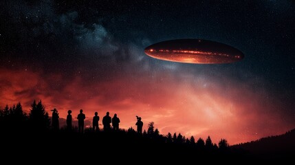 Fototapeta premium Group of People Gathered at an Observatory Under a Starry Sky with Mysterious Object Above