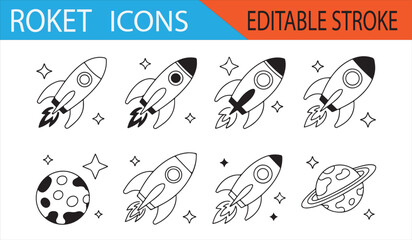 Space-Themed Icon Set Featuring Rockets, Satellites, and Planets with Editable Strokes