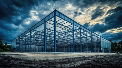 Obraz premium Incomplete steel framing for a warehouse under cloudy sky