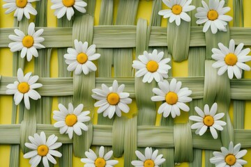 Fototapeta premium Floral design with yellow background and green interwoven lines.