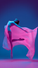 Elegant female dancer dressed in soft white bodysuit captured in dramatic motion with floating pink...