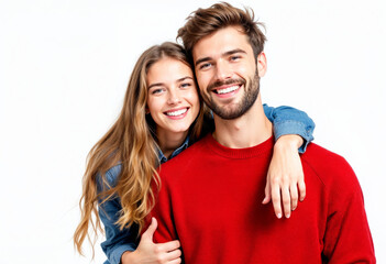 Fototapeta premium Portrait of a young man in a red sweater and a brunette in a blue denim shirt on a white background, smiling and laughing