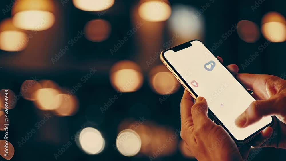 Poster social media notification experience showing hands gripping smartphone with glowing heart icons emer