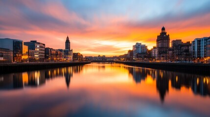 Obraz premium Dreamy Long Exposure Capture of Glasgow Skyline at Dusk Reflecting in Water