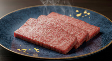 Premium marbled beef slices served on a dark blue plate with steam rising
